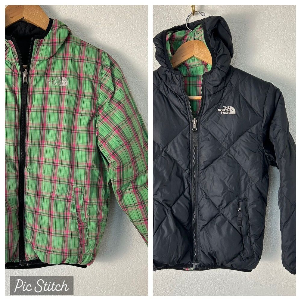The North Face 550 Girls M 10-12 Hooded Down Puffer Jacket Reversible Plaid/pink